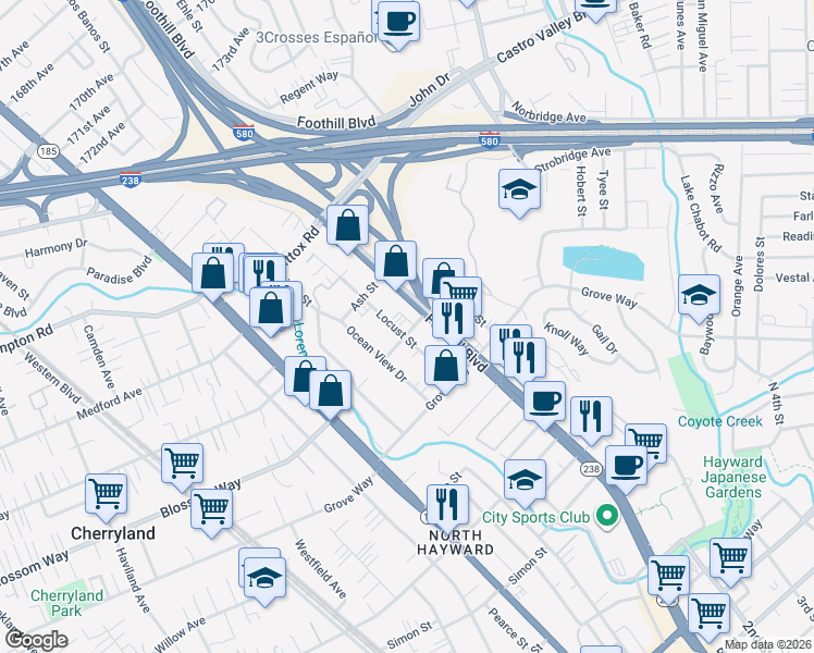 map of restaurants, bars, coffee shops, grocery stores, and more near 1320 Apple Avenue in Hayward