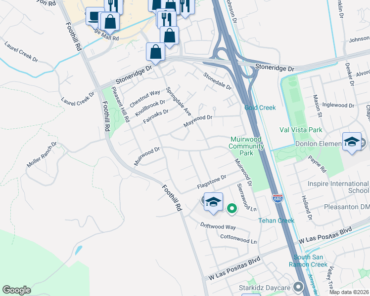 map of restaurants, bars, coffee shops, grocery stores, and more near 5065 Muirwood Drive in Pleasanton