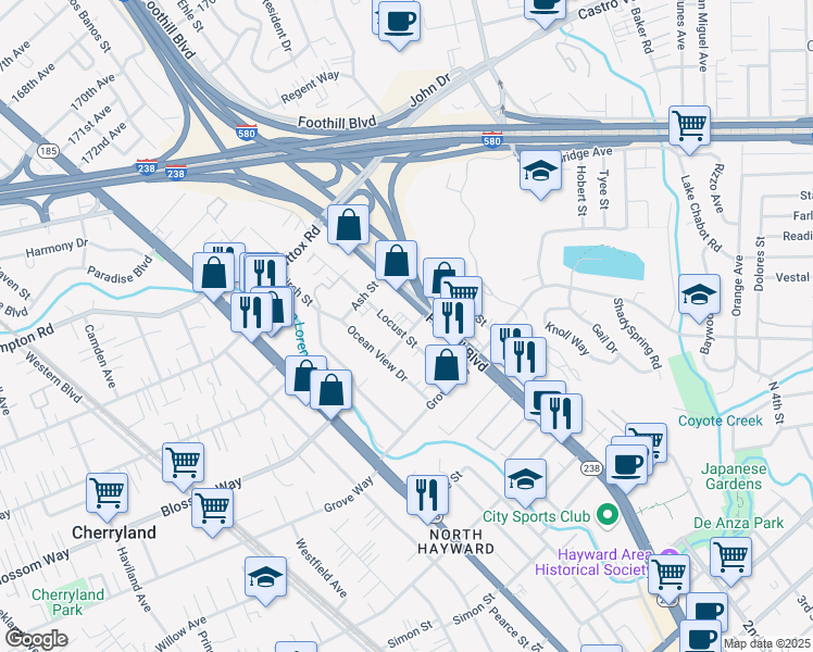 map of restaurants, bars, coffee shops, grocery stores, and more near 1345 Apple Avenue in Hayward
