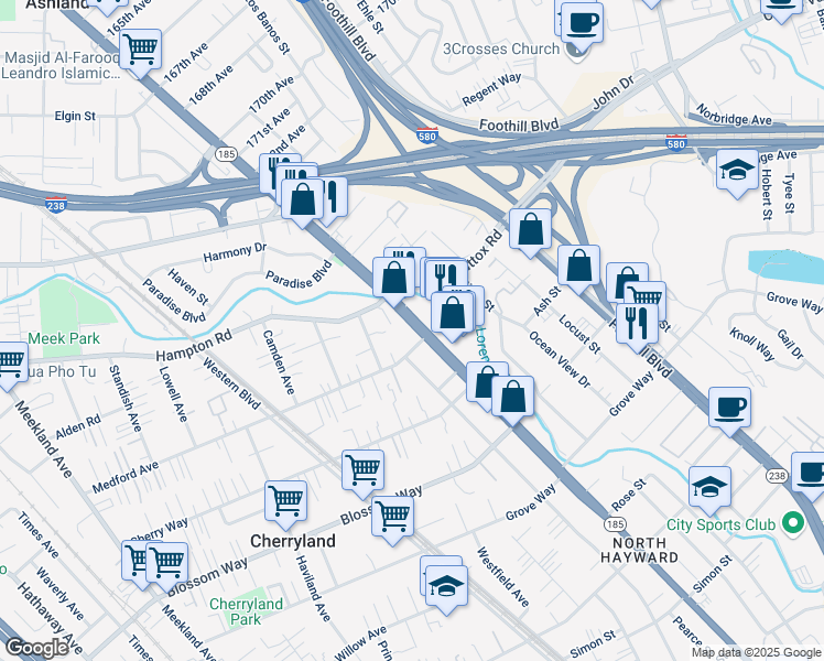 map of restaurants, bars, coffee shops, grocery stores, and more near 20613 Mission Boulevard in Hayward