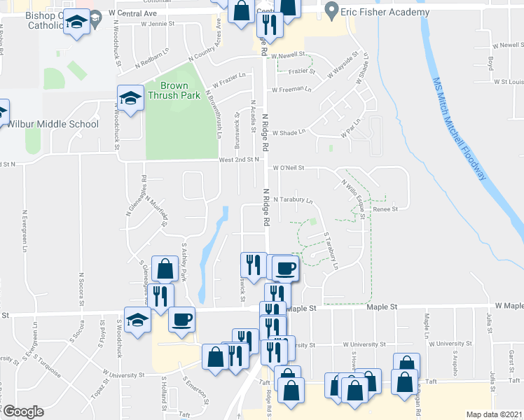 map of restaurants, bars, coffee shops, grocery stores, and more near 7205 West 1st Street North in Wichita