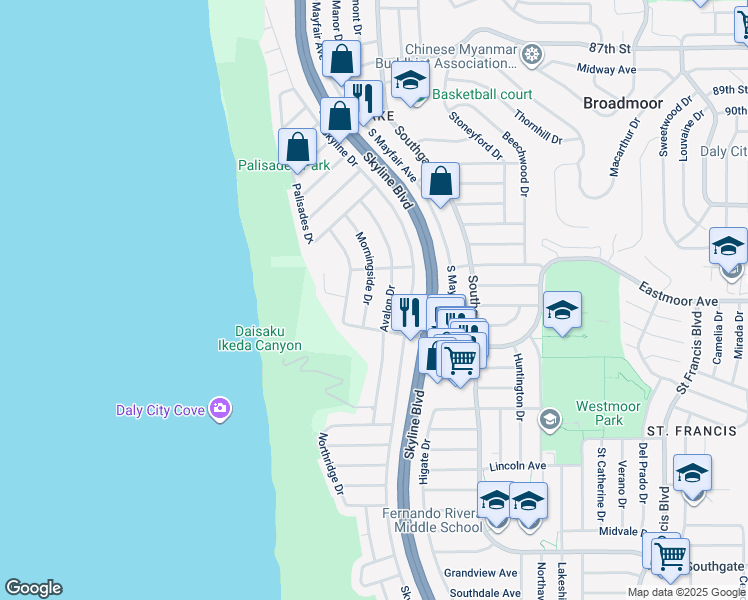 map of restaurants, bars, coffee shops, grocery stores, and more near 153 Morningside Drive in Daly City