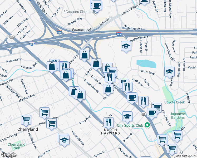 map of restaurants, bars, coffee shops, grocery stores, and more near 1320 Apple Avenue in Hayward