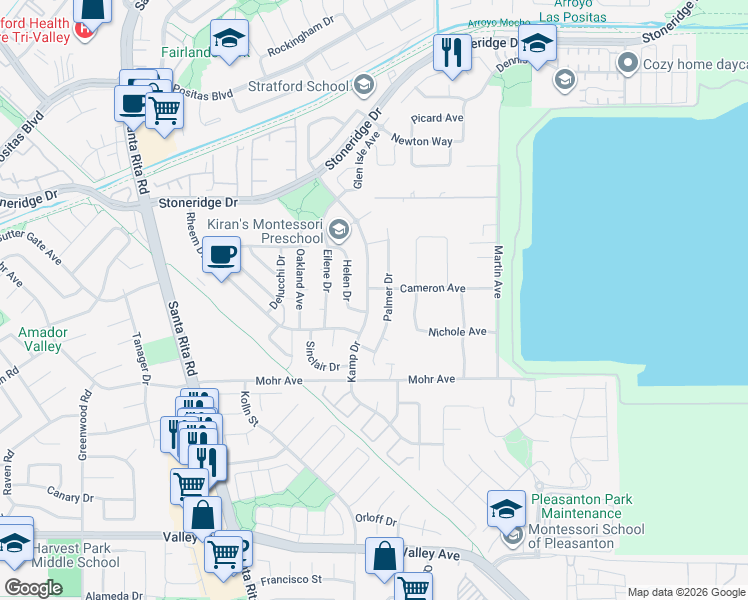 map of restaurants, bars, coffee shops, grocery stores, and more near 3653 Kamp Drive in Pleasanton