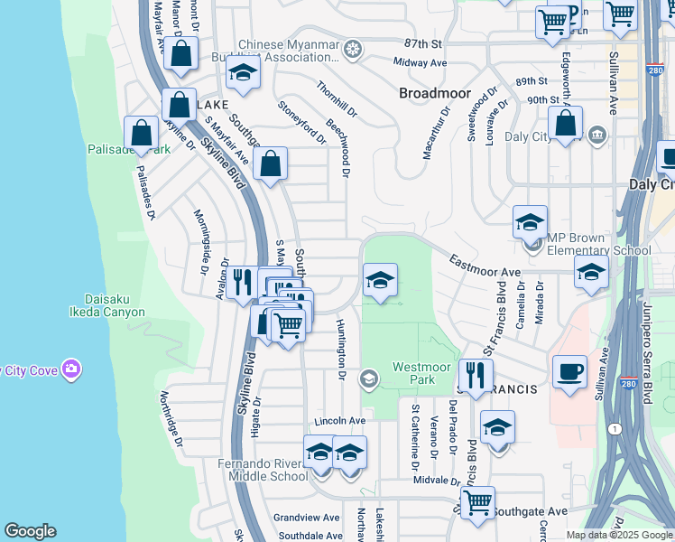 map of restaurants, bars, coffee shops, grocery stores, and more near 40 Baldwin Avenue in Daly City