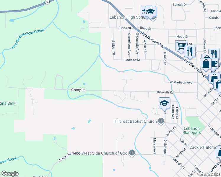 map of restaurants, bars, coffee shops, grocery stores, and more near 1066 Dilworth Road in Lebanon