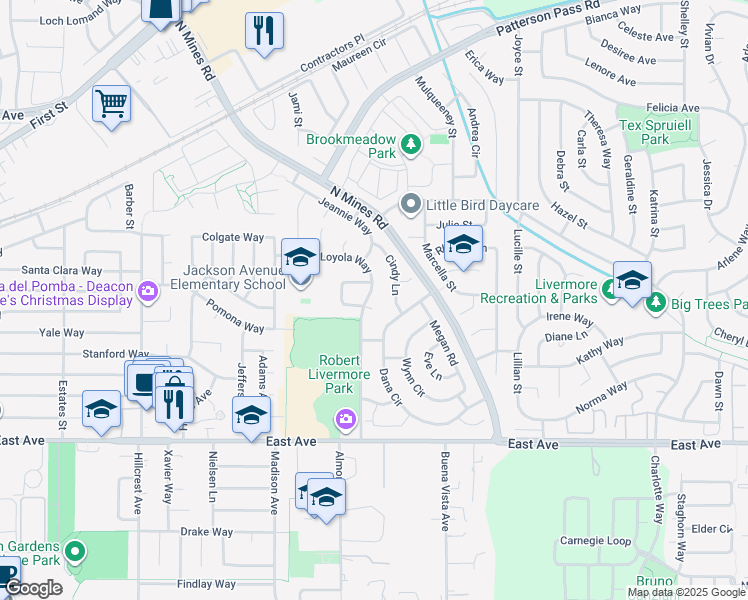 map of restaurants, bars, coffee shops, grocery stores, and more near 4610 Amy Court in Livermore