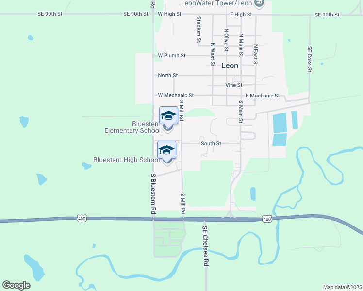 map of restaurants, bars, coffee shops, grocery stores, and more near 625 South Mill Road in Leon