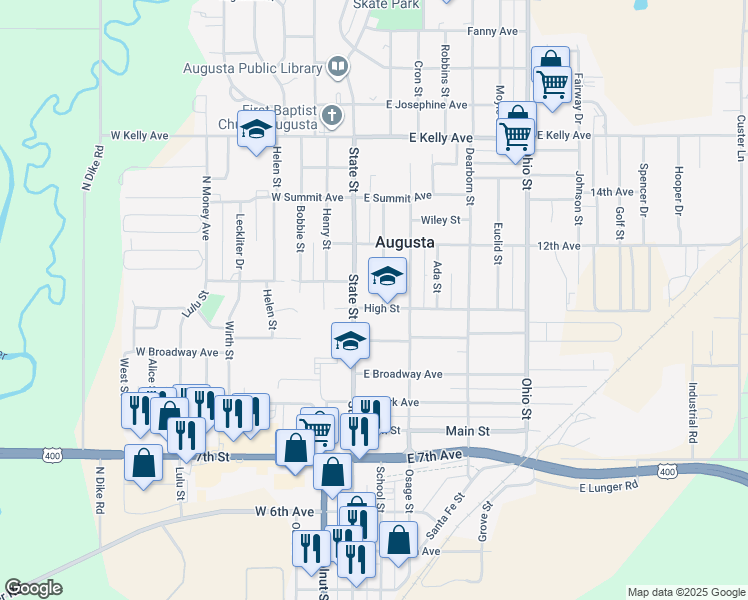map of restaurants, bars, coffee shops, grocery stores, and more near 118 High Street in Augusta