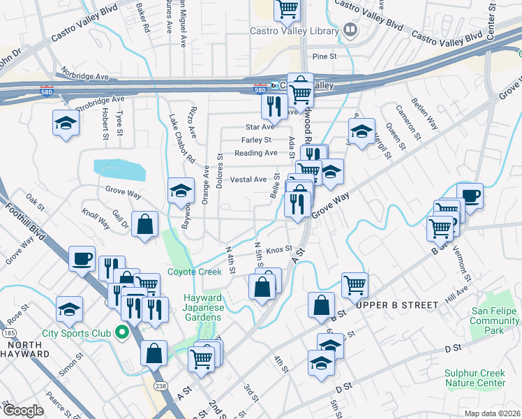 map of restaurants, bars, coffee shops, grocery stores, and more near 2242 Grove Way in Hayward