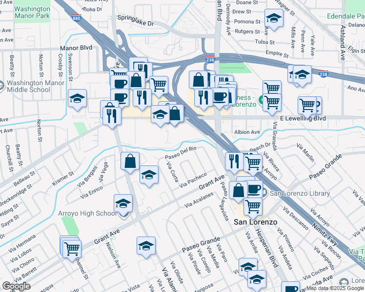 map of restaurants, bars, coffee shops, grocery stores, and more near 591 Paseo Del Rio in San Lorenzo