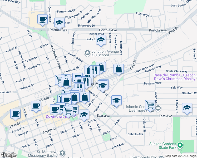 map of restaurants, bars, coffee shops, grocery stores, and more near 1505 First Street in Livermore