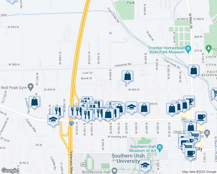 map of restaurants, bars, coffee shops, grocery stores, and more near 844 West 400 North in Cedar City