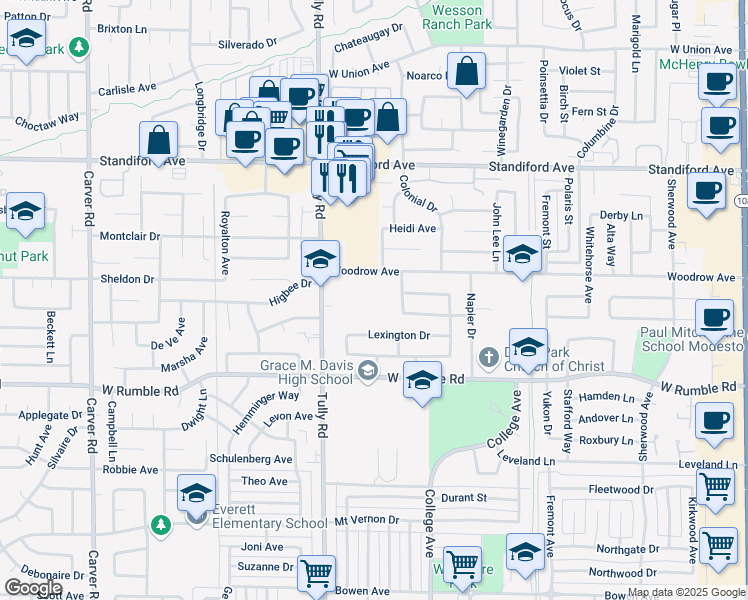 map of restaurants, bars, coffee shops, grocery stores, and more near 3205 University Drive in Modesto