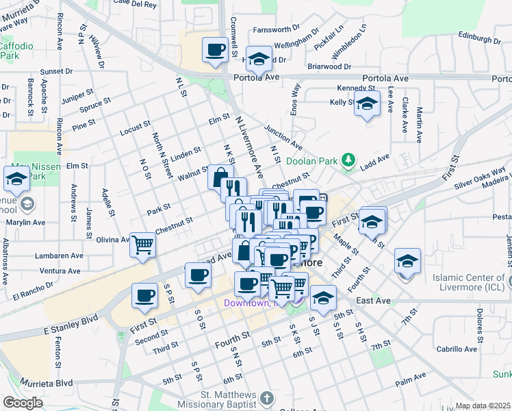 map of restaurants, bars, coffee shops, grocery stores, and more near 242 North K Street in Livermore