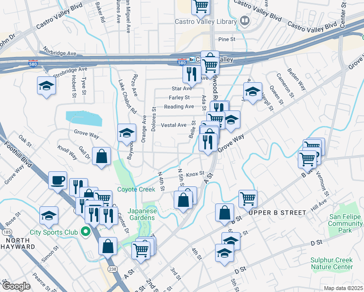 map of restaurants, bars, coffee shops, grocery stores, and more near 2242 Grove Way in Hayward