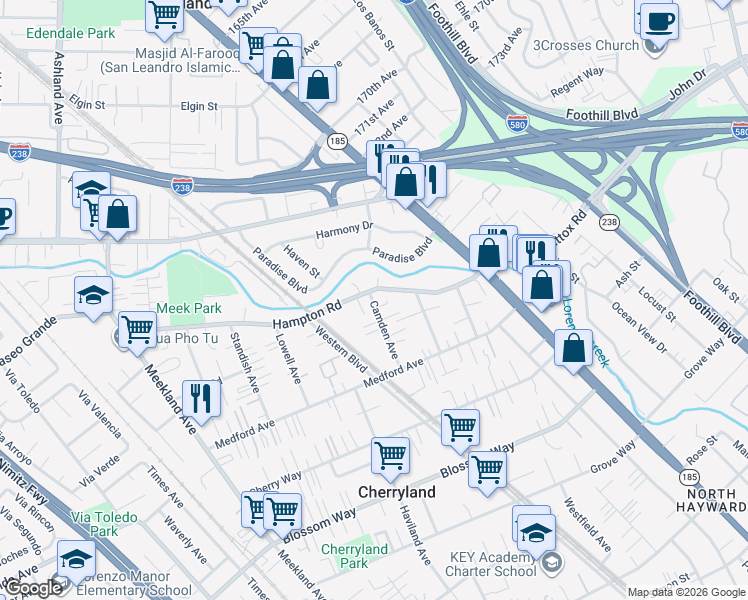map of restaurants, bars, coffee shops, grocery stores, and more near 675 Hampton Road in Hayward