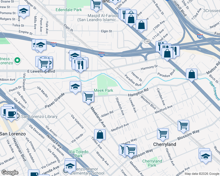 map of restaurants, bars, coffee shops, grocery stores, and more near 278 Hampton Road in Hayward