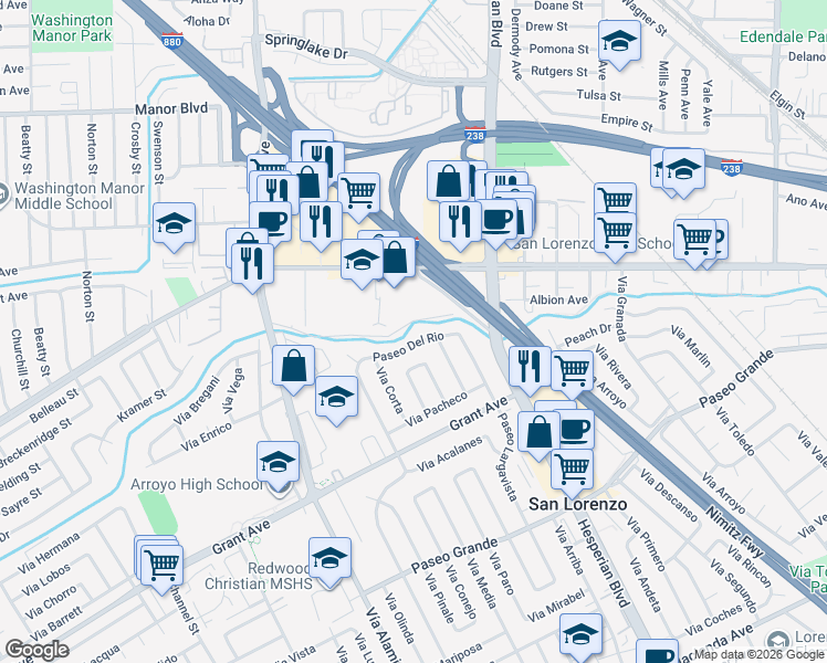 map of restaurants, bars, coffee shops, grocery stores, and more near 591 Paseo Del Rio in San Lorenzo