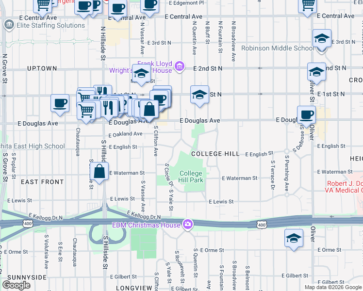 map of restaurants, bars, coffee shops, grocery stores, and more near 3817 East English Street in Wichita