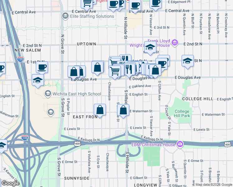 map of restaurants, bars, coffee shops, grocery stores, and more near 3012 East English Street in Wichita