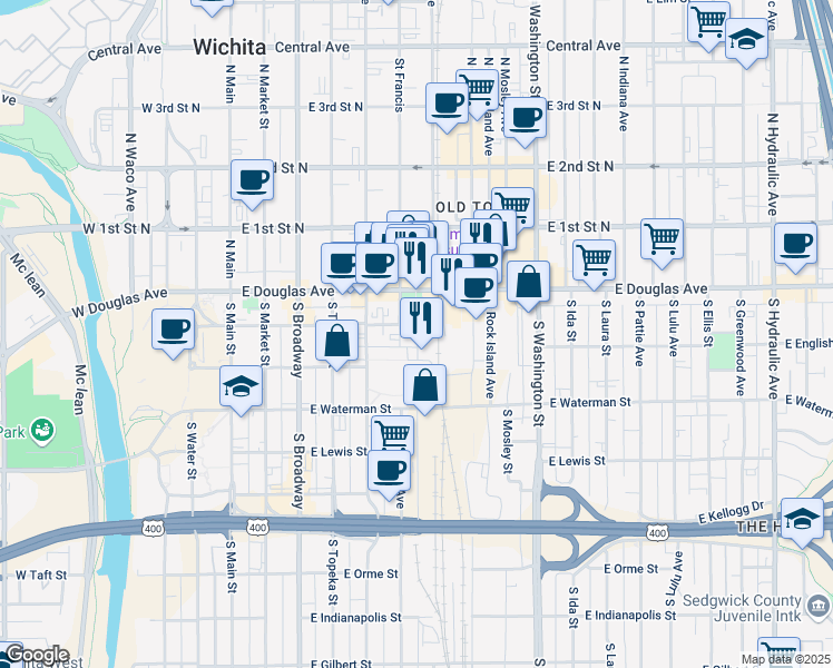 map of restaurants, bars, coffee shops, grocery stores, and more near 214 South Commerce in Wichita