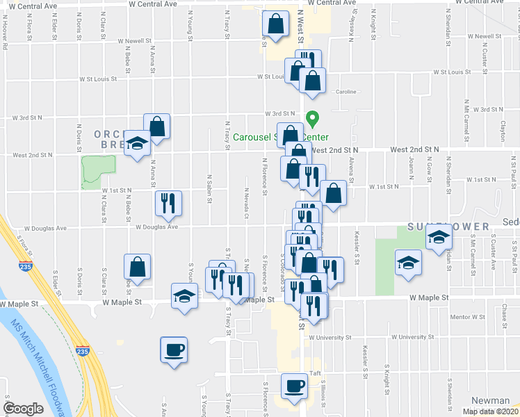 map of restaurants, bars, coffee shops, grocery stores, and more near 121 North Florence Street in Wichita