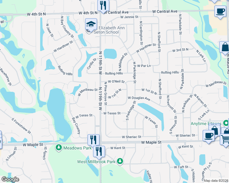 map of restaurants, bars, coffee shops, grocery stores, and more near 11816 W 1st Street North in Wichita