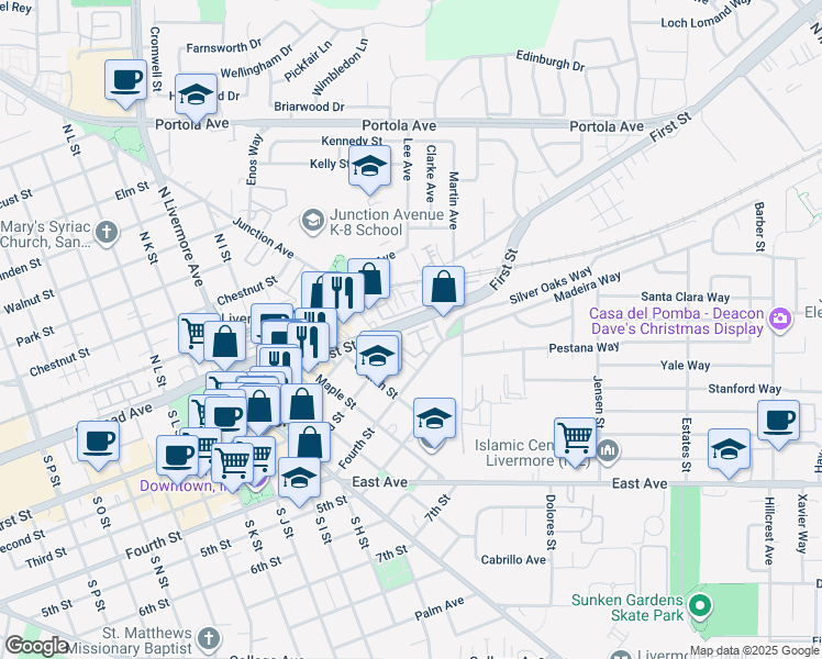 map of restaurants, bars, coffee shops, grocery stores, and more near 2933 1st Street in Livermore