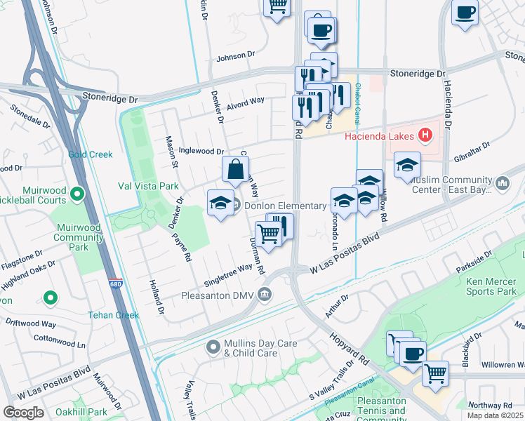 map of restaurants, bars, coffee shops, grocery stores, and more near 4127 Dorman Road in Pleasanton