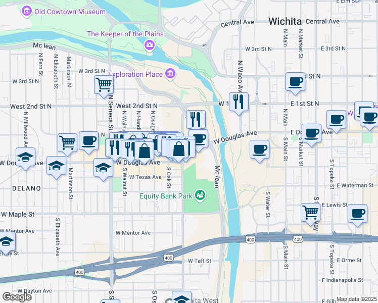map of restaurants, bars, coffee shops, grocery stores, and more near 550 West Douglas Avenue in Wichita