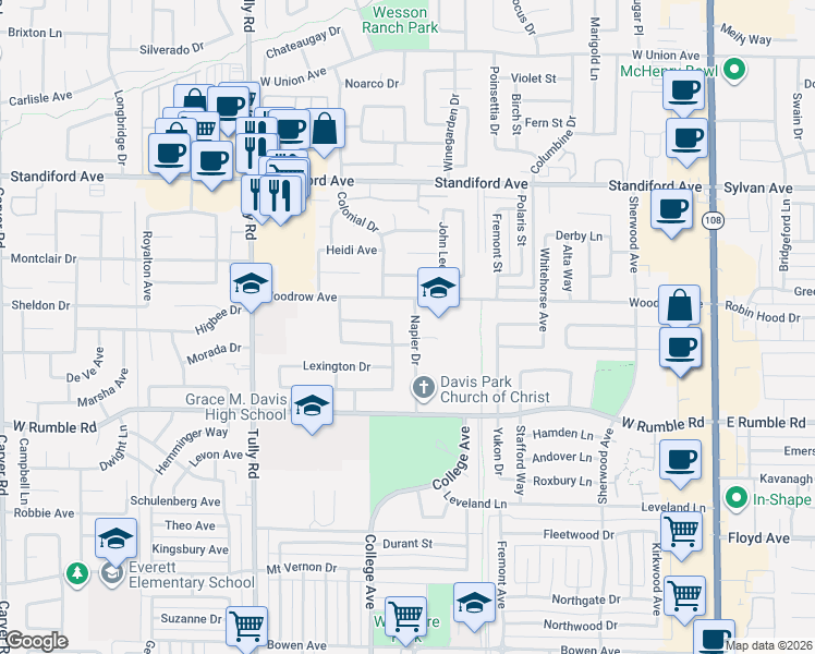 map of restaurants, bars, coffee shops, grocery stores, and more near 3217 Napier Drive in Modesto