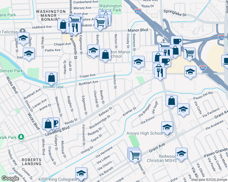 map of restaurants, bars, coffee shops, grocery stores, and more near 15361 Norton Street in San Leandro