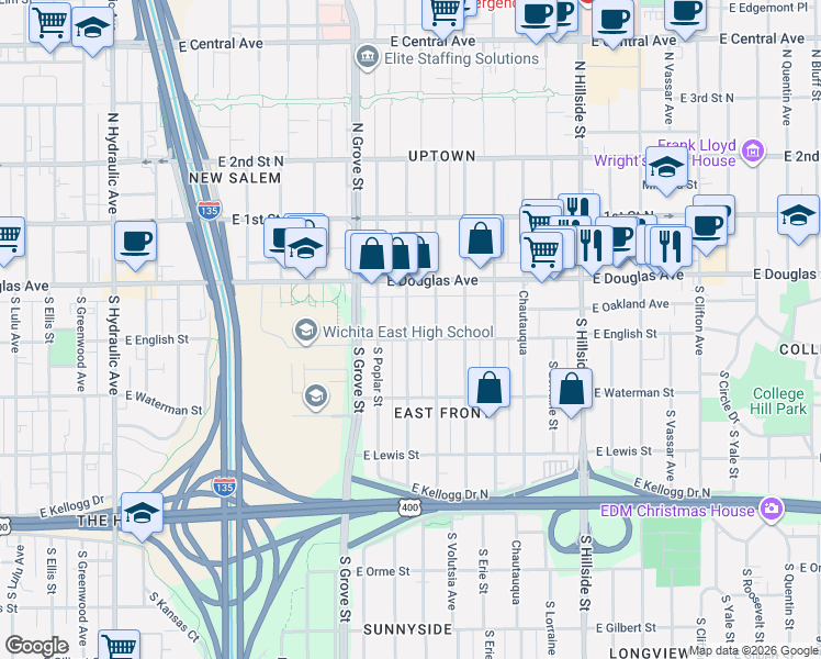 map of restaurants, bars, coffee shops, grocery stores, and more near 144 South Green Street in Wichita