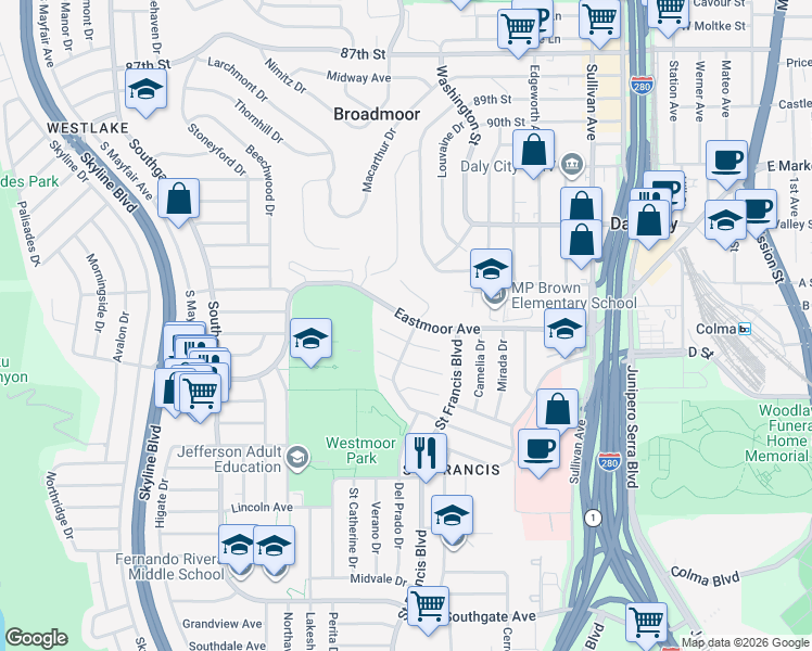 map of restaurants, bars, coffee shops, grocery stores, and more near 190 Eastmoor Avenue in Daly City