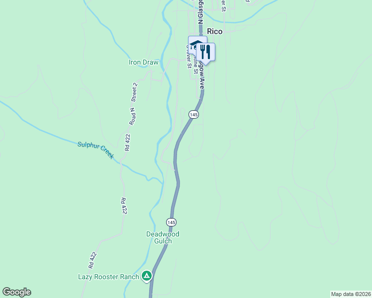 map of restaurants, bars, coffee shops, grocery stores, and more near Highway 145 in Rico
