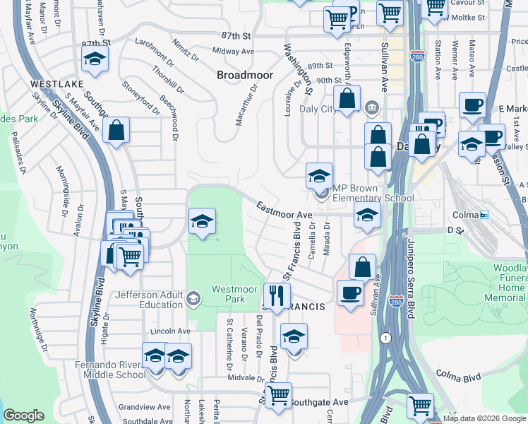 map of restaurants, bars, coffee shops, grocery stores, and more near 190 Eastmoor Avenue in Daly City
