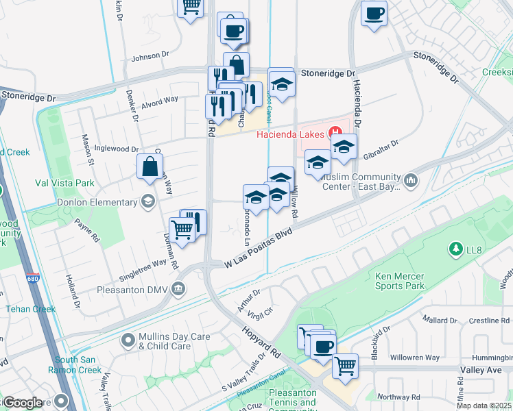 map of restaurants, bars, coffee shops, grocery stores, and more near 5959 Coronado Lane in Pleasanton