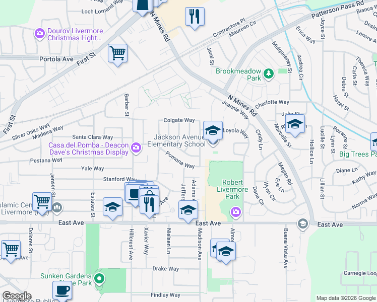 map of restaurants, bars, coffee shops, grocery stores, and more near 596 Tyler Avenue in Livermore