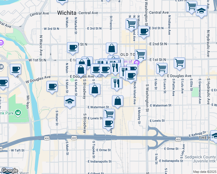 map of restaurants, bars, coffee shops, grocery stores, and more near 201 Saint Francis in Wichita