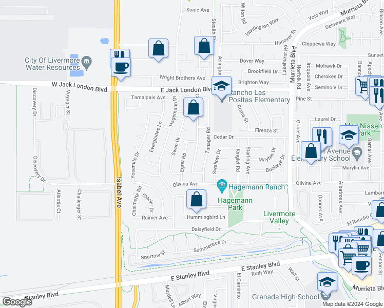 map of restaurants, bars, coffee shops, grocery stores, and more near 624 Curlew Road in Livermore