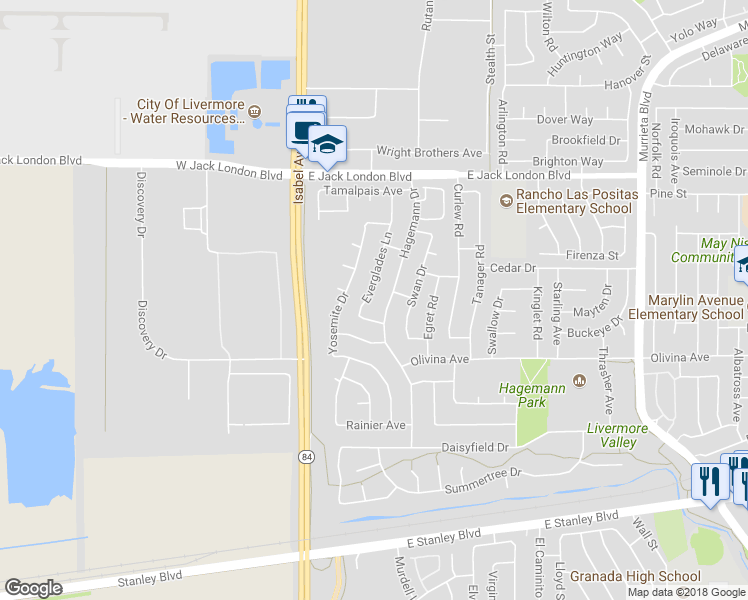 map of restaurants, bars, coffee shops, grocery stores, and more near 565 Everglades Lane in Livermore