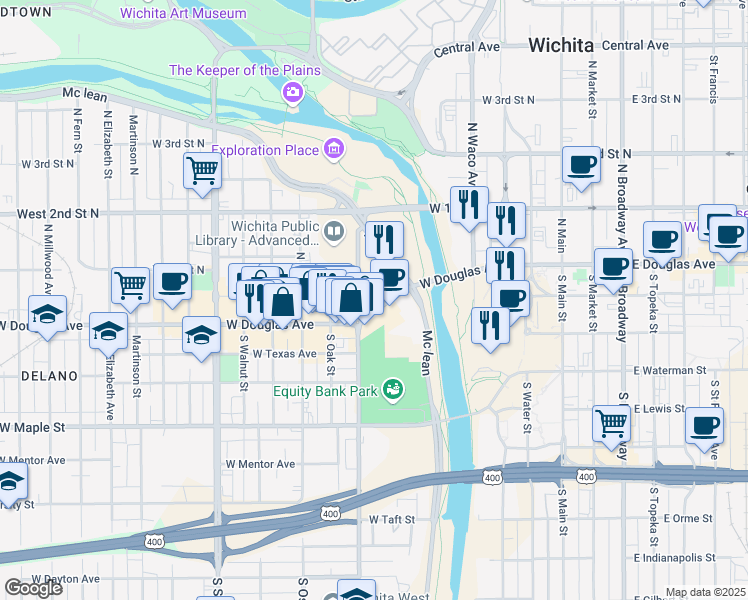 map of restaurants, bars, coffee shops, grocery stores, and more near 550 West Douglas Avenue in Wichita