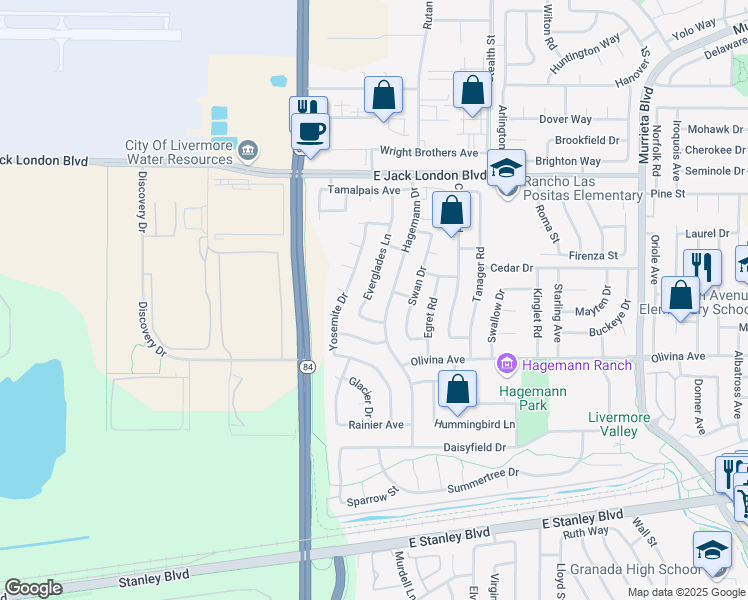 map of restaurants, bars, coffee shops, grocery stores, and more near 565 Everglades Lane in Livermore