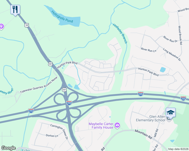 map of restaurants, bars, coffee shops, grocery stores, and more near 548 Siena Lane in Glen Allen