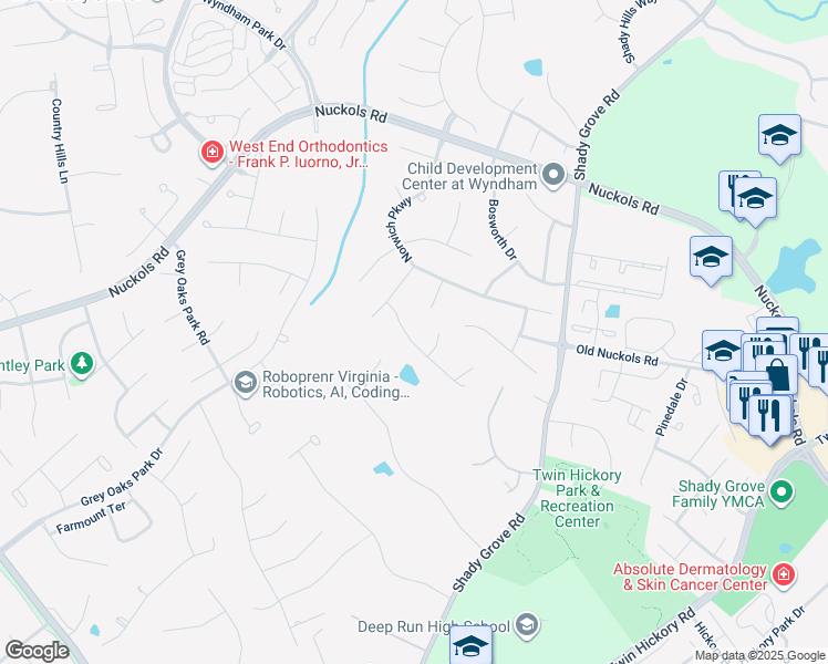 map of restaurants, bars, coffee shops, grocery stores, and more near 11615 Peavey Street in Glen Allen