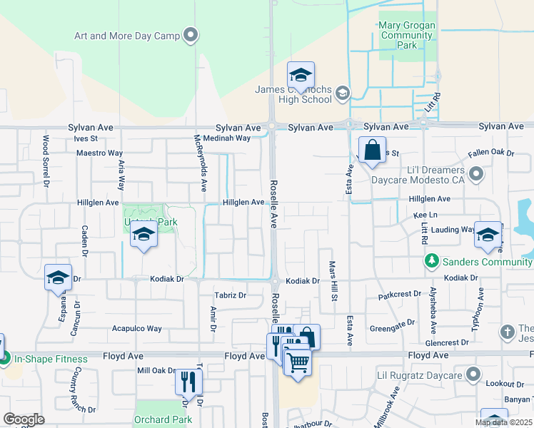 map of restaurants, bars, coffee shops, grocery stores, and more near 3144 Elyse Court in Modesto