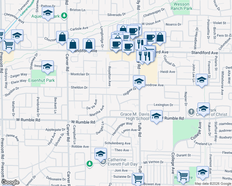 map of restaurants, bars, coffee shops, grocery stores, and more near 3120 Gayland Drive in Modesto