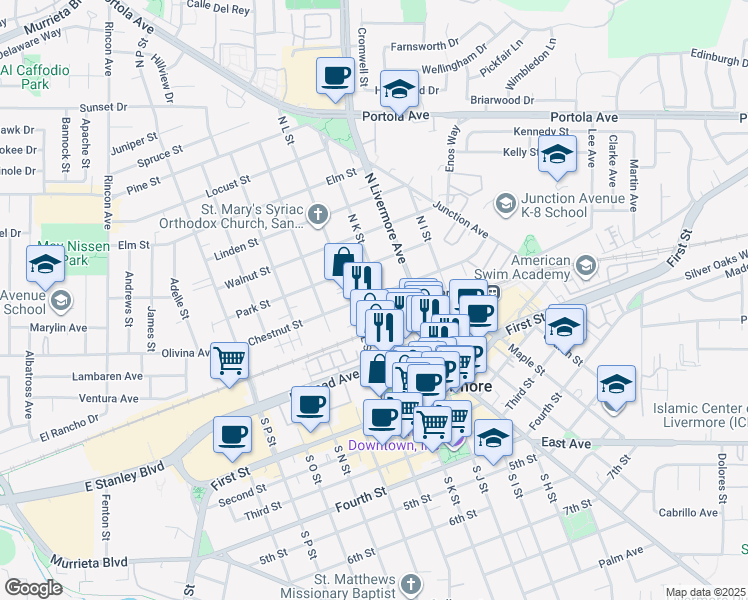 map of restaurants, bars, coffee shops, grocery stores, and more near 242 North K Street in Livermore