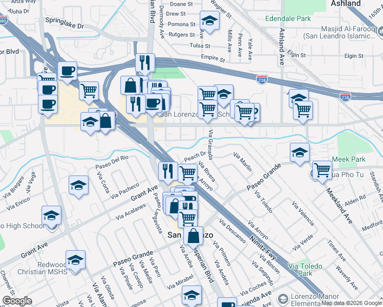 map of restaurants, bars, coffee shops, grocery stores, and more near 349 Peach Drive in San Lorenzo